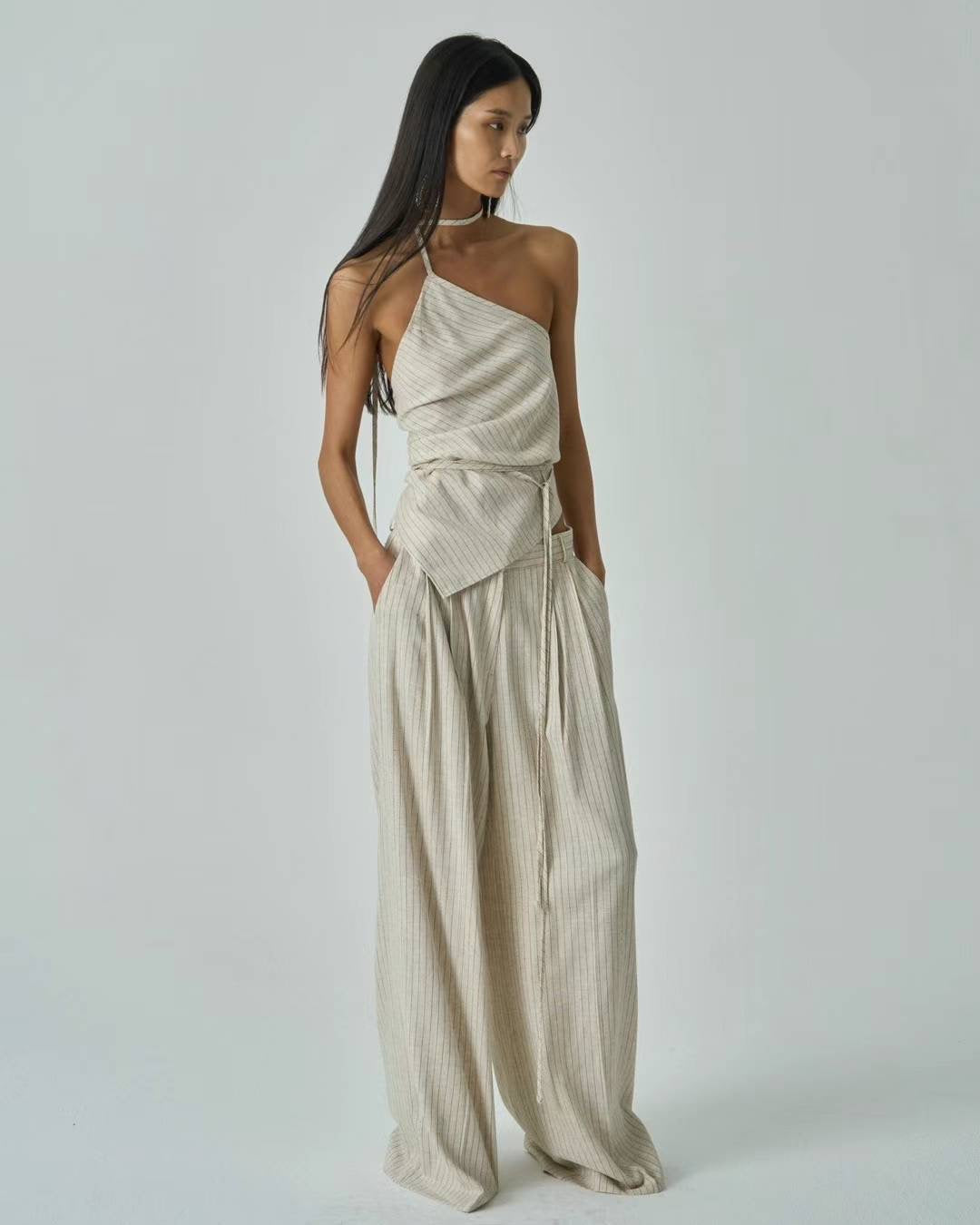 Iris Linen Beige Stripe Trousers