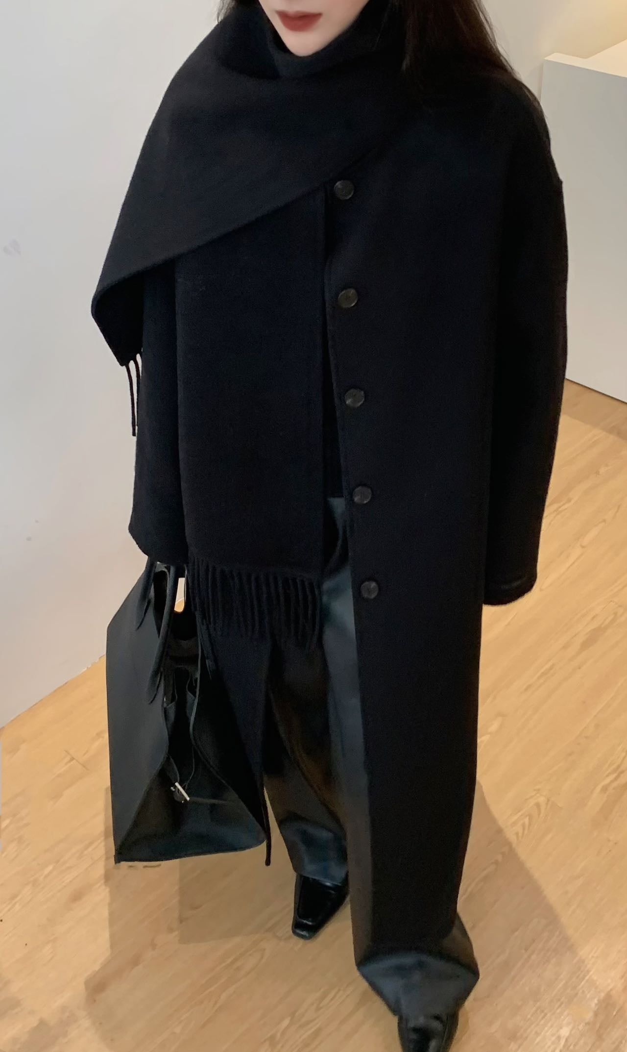 Mara Black Wool Scarf Coat
