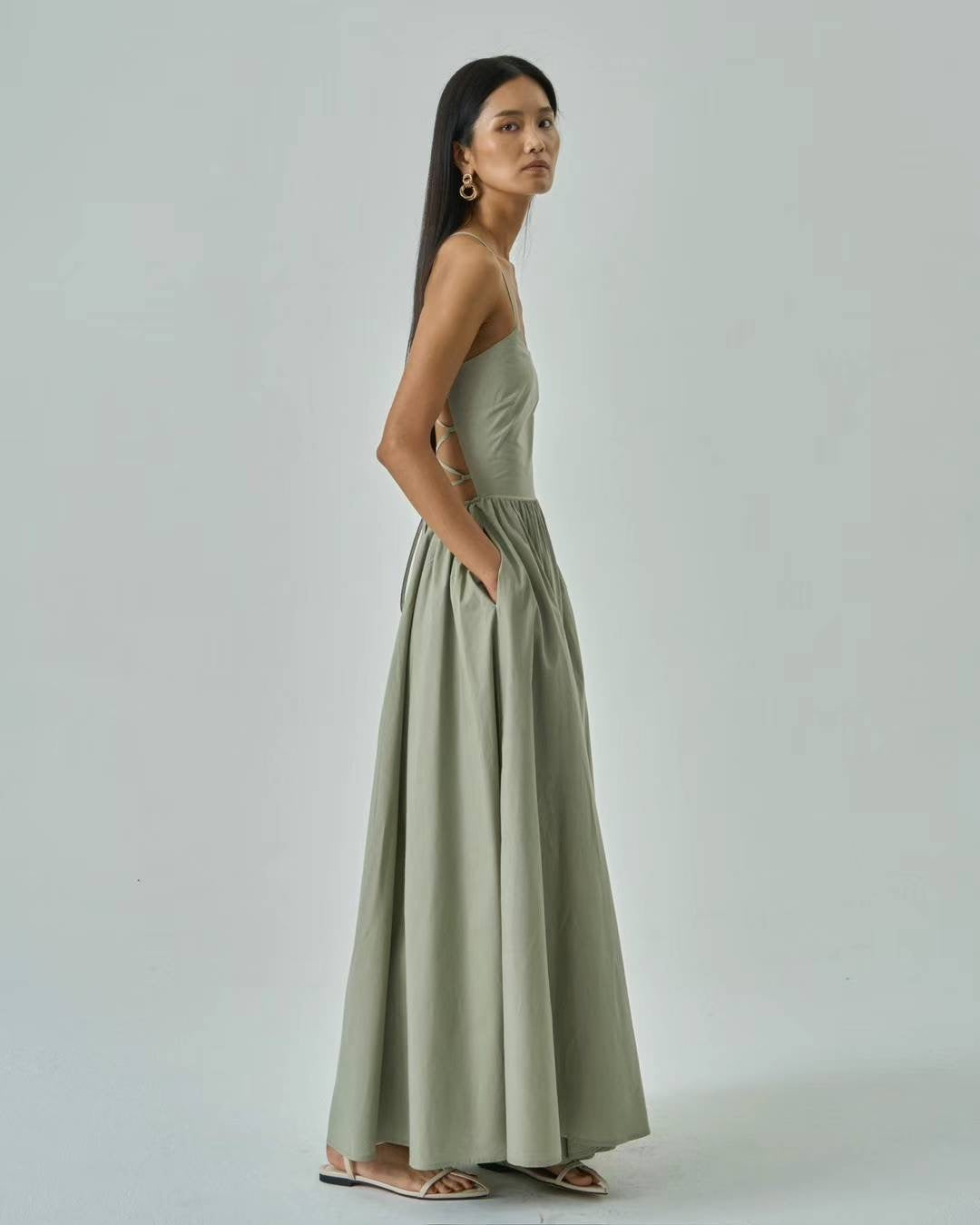 Lena Olive Cotton Maxi Dress
